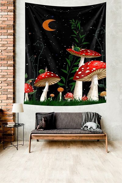 on the clouds Moon Stars and Red Mushrooms Stain Resistant Fabric Wall Cloth Wall Carpet Tapestry