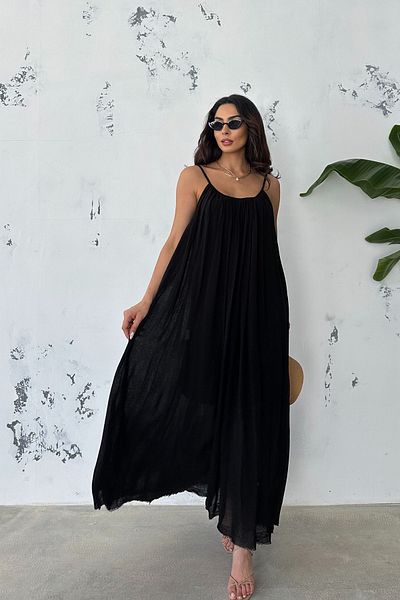 Ortaya Çık Wide Cut Black Flowing Strap Dress
