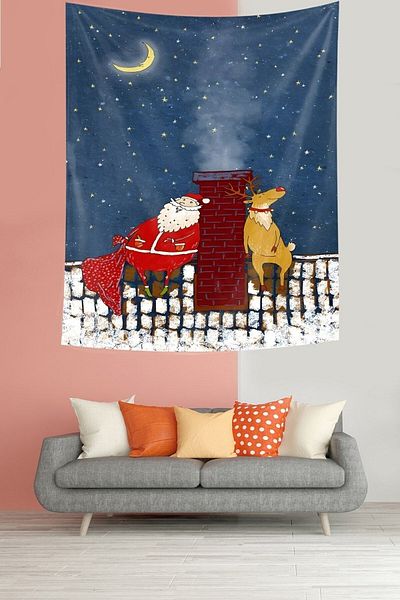 on the clouds New Year's Eve Deer and Santa Claus Stain Resistant Fabric Wall Cloth Wall Carpet Tapestry