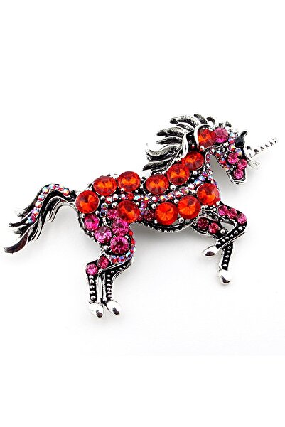 Solfera Renkli Kırmızı Pembe Taşlı Büyük Unicorn Tek Boynuzlu At Broş RZ201
