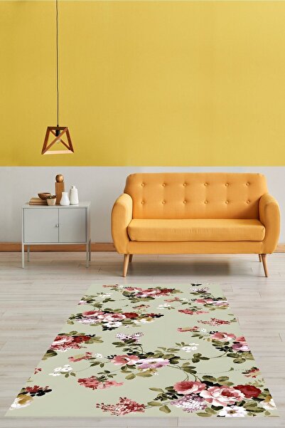 on the clouds Vintage Yeşil Zemin Gül Buketleri Desenli Yıkanabilir Kaymaz Ta...