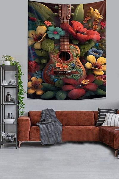 on the clouds Guitar Inside Flowers Stain Resistant Fabric Wall Cover Wall Carpet Tapestry
