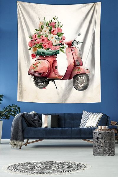 on the clouds Ροζ Vespa και τριαντάφυλλα από ύφασμα αδιάβροχο υφασμάτινο χαλί τοίχου