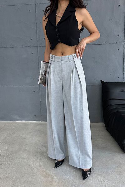Ortaya Çık Light Gray Pleated Palazzo Trousers - Waist Design