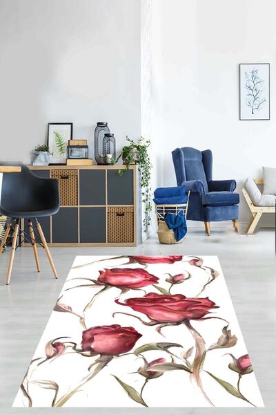 on the clouds Beyaz Zemin Kırmızı Gül Desenli Salon Yıkanabilir Kaymaz Taban ...