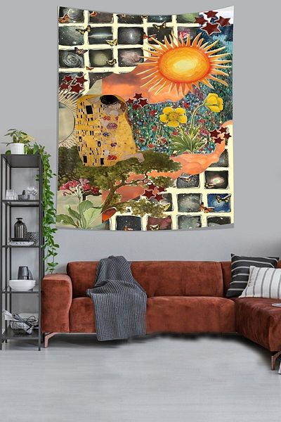 on the clouds Gustav Klimt Kiss and Sun Pattern Stain Resistant Fabric Wall Cloth Wall Carpet Tapestry