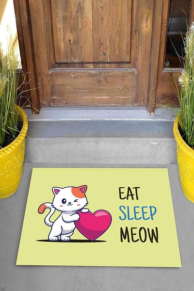 on the clouds سجادة باب مزخرفة مطبوعة رقميًا من Eat Sleep Meow مكتوبة على شكل قطة