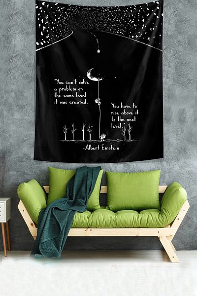 on the clouds Black and White Moon and Albert Einstein Written Stain Resistant Fabric Wall Cloth Wall Carpet Tapestry