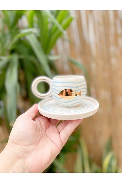 Mugtasarım 24k Gold Gilded Double Turkish Coffee Cup with Fish