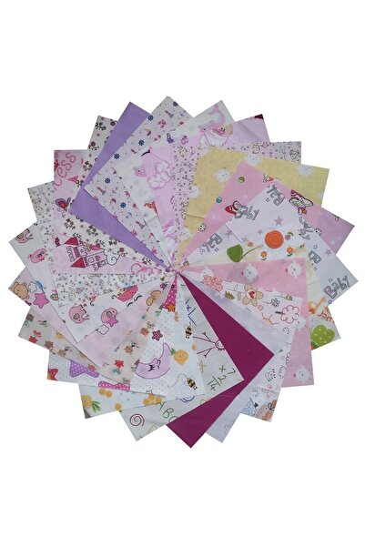 PeriStore Kız Bebek Çocuk Pembeli - 25x25 Cm 20 Parça Kırkyama Patchwork Pamuklu Kumaş Elişi Dikiş Hobi