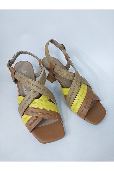 Mira Deri Genuine Leather - 7 cm Heeled Classic Women's Shoes, Yellow-Tan-Milky Brown Color