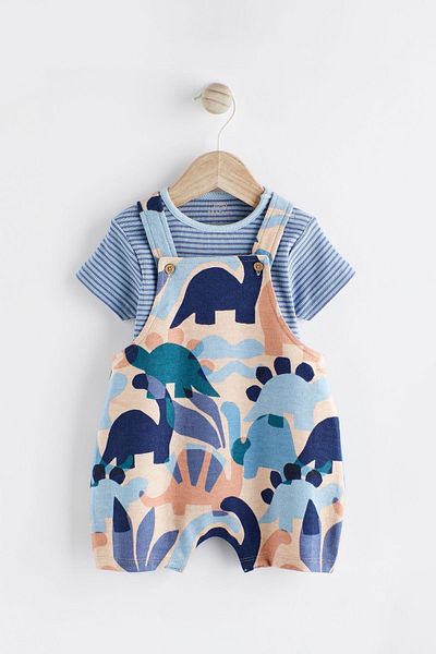 Next Baby Blue Dinosaur Patterned 100% Cotton Salopet Body and Bodysuit Set
