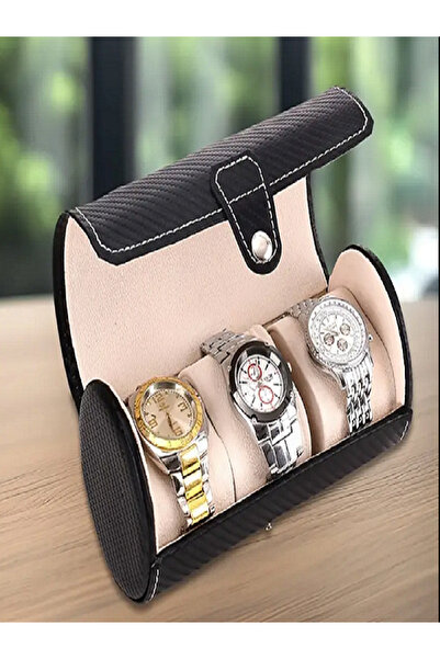 TAKINTI AKSESUAR 3-Piece Leather Black Carbon Fiber - Cylindrical Organizer Travel Watch Box