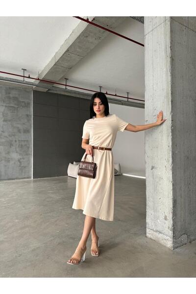 Kısa Kol Salaş Elbise Cepli Ekru