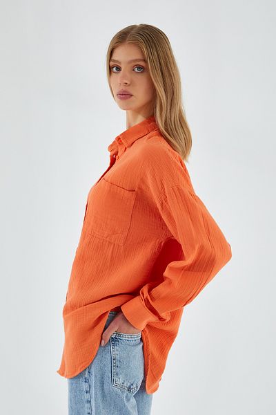 Mixray 3833 Women's Orange Oversize Pocket Muslin Shirt