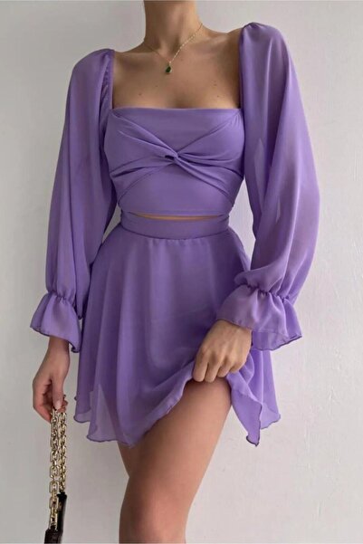 munora butik Bel Detaylı Şifon Lila Elbise