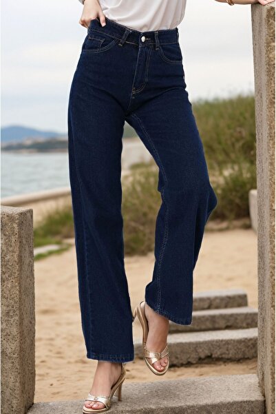 SHEVEGA Navy Blue Lycra High Waist Wide Leg Jeans Wide Leg Boyfriend Loose Jeans