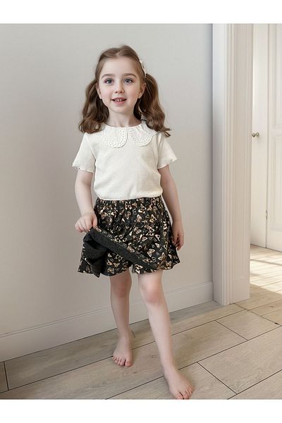 azecekids Girl's Scallop Baby Collared Butterfly Patterned T-Shirt and Shorts Skirt Set
