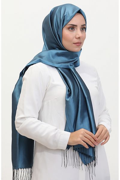 sefamerve Σάλι ταφτά με φούντα Petrol Blue - 1267-33