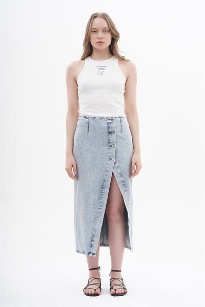 Lefon Fusta de damă din denim cu tăietură asimetrică și nasturi - Ice Blue