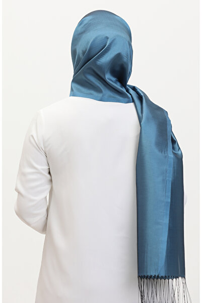 sefamerve Σάλι ταφτά με φούντα Petrol Blue - 1267-33