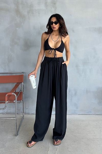 Ortaya Çık Comfortable Fit Black Modal Trousers - Elastic Waist