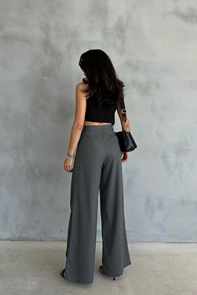 Ortaya Çık High Waist Anthracite Palazzo Trousers - Wide Leg