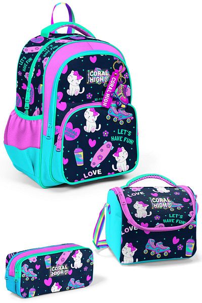 Coral High Pisica albastru bleumarin roz - SET de 3 geanți de școală cu model skate 0123658