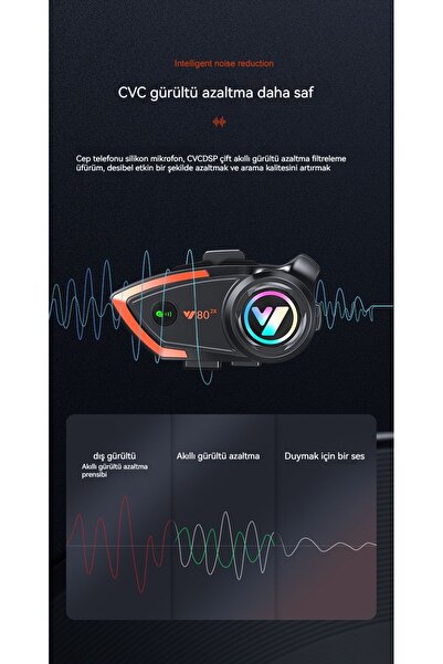 Dynego Y80 2x Telsiz 1km Aktif Ses Önleyici Motosiklet Kask Kulaklık Intercom Işıklı Motorsiklet Interkom