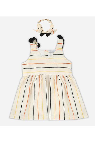 Luggi Baby Βαμβακερό φόρεμα με ριγέ διπλό γιακά με λουράκι + Σετ μπαντάνα