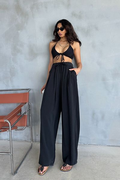 Ortaya Çık Comfortable Fit Black Modal Trousers - Elastic Waist