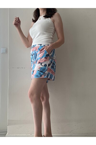 Fendimod Viscose Patterned Women's Shorts - Elastic Waist and Pockets