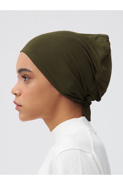 Femple Modest Dark Olive Green Laced Plain Bonnet Underscarf