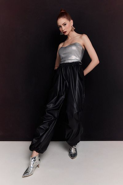 Fulla Moda Faux Leather Palazzo Trousers with Stopped Waist