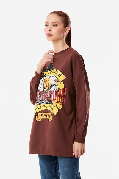 Fulla Moda Дълъг суичър с щамповано кръгло деколте