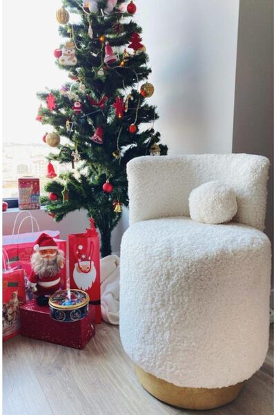 S Home Design Concept Cookie Mini Puf, Teddy, Gold Detaylı-beyaz