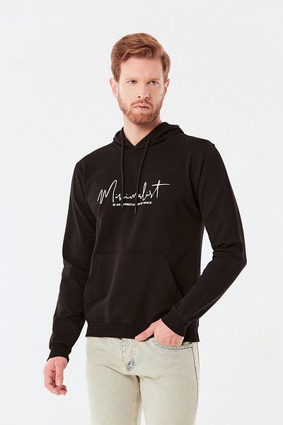 Fulla Moda Minimalist Printed Hooded Sweatshirt with Kangaroo Pocket
