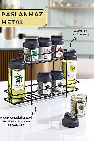 GRİMOR Life Olivia Spice Jar and Oil Pot Set with Metal Stand - 2-Piece Glass Oil Jar and 6-Piece Glass Spice Jar