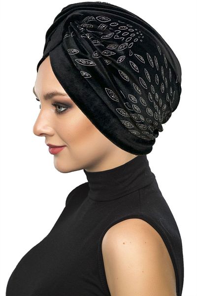 Fidan Velvet Special Design Silver Almond Patterned Black Ready-made Hijab Hijab Bonnet