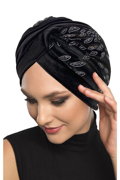 Fidan Velvet Special Design Silver Almond Patterned Black Ready-made Hijab Hijab Bonnet