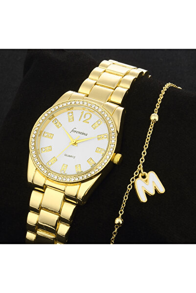 Forentina Gold Metal Kol Saati - Kişiye Özel Harfli Bileklik Kombin Set PS3646
