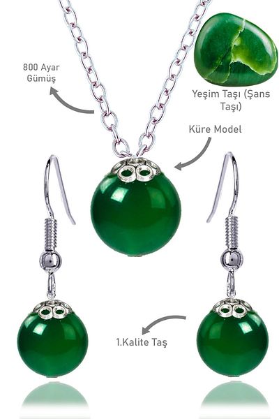 Tesbih Atölyesi Jade Globe Model Necklace and Earring Set - Silver Apparatus