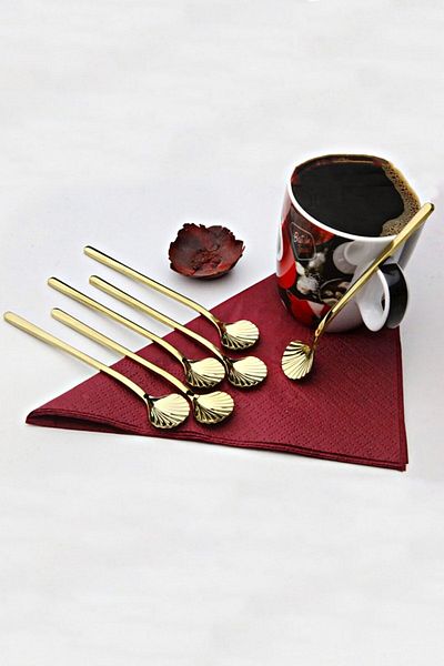 ÖzSa Home 6 Pieces Luxury Gold Teaspoon Coffee Nescafe Presentation Jam Spoon Set Boxed 12cm 18/10 Stainless Steel