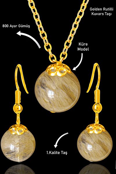 Tesbih Atölyesi Gold Globe Model Quartz Ritual Stone Necklace and Earring Set - Silver Apparatus