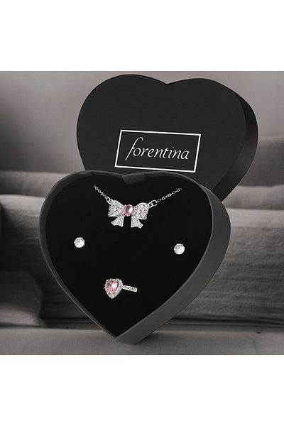 Forentina Heart Steel Ribbon Necklace and Earring Ring Gift Set - PS3677