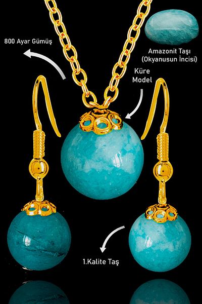Tesbih Atölyesi Gold Amazonite Globe Model Necklace and Earring Set - Certified and Silver Apparatus