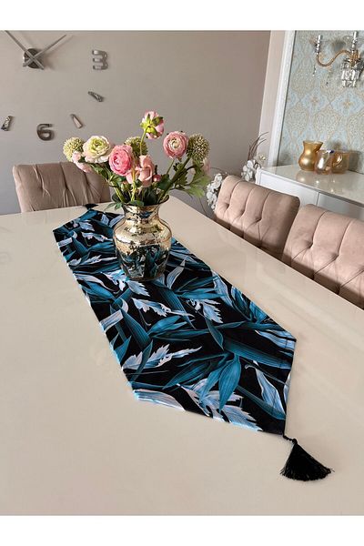 Ayd Home Runner negru cu model de frunze albastre - 43x135 cm Față de masă dreptunghiulară