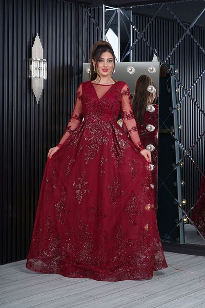 Matik Abiyem Flexible Tulle Glitter Flock Printed V Sheer Low-cut Sleeves Long Transparent Long Evening Dress