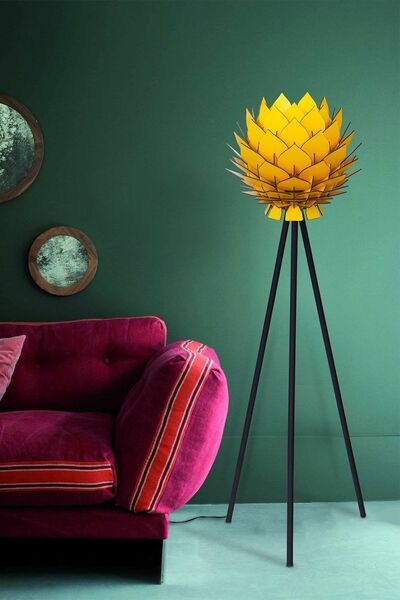 Design OTTO Lotus Metal Ayaklı Yerpuar Anahtarlı Ahşap Modern Tripod Üç Ayaklı Lambader Aydınlatma