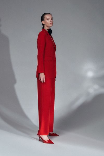 Yake Red Stylish Single Button Jacket Double Pleated Pants Set